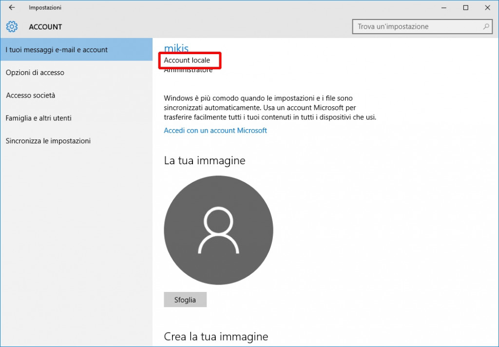 Account Microsoft e account locale in Windows 10